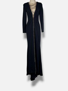 Talbot Runhof Women's Blue Cady Crystal Lace-Up Plunge Gown Dress Size 2